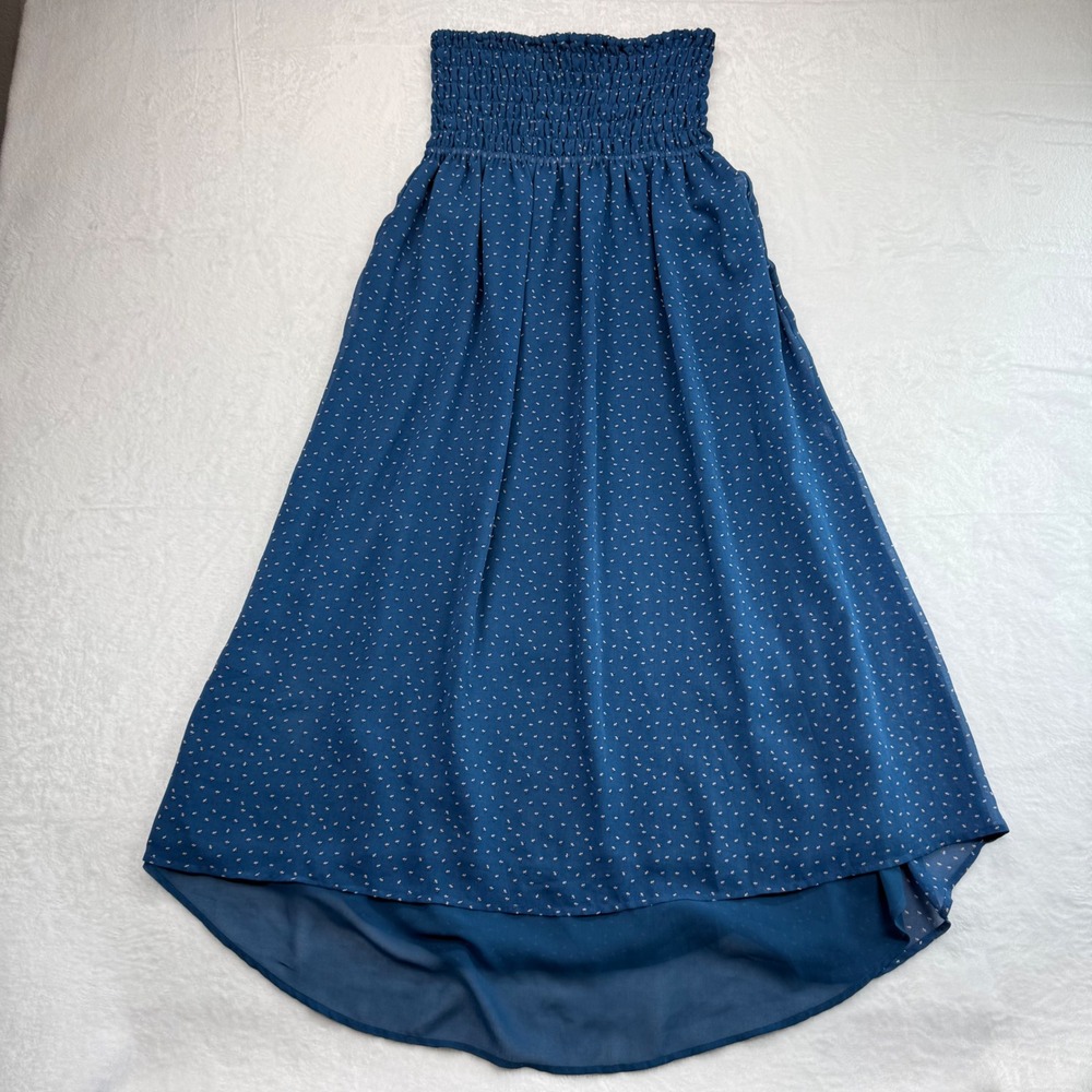 Patterson J. Kincaid Dress Smocked Strapless High Low Polka Dot Blue Size M